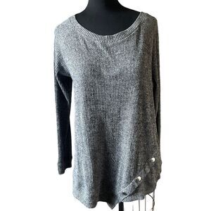French Laundry Pullover Sweater Gray Button Accent Crewneck Size M